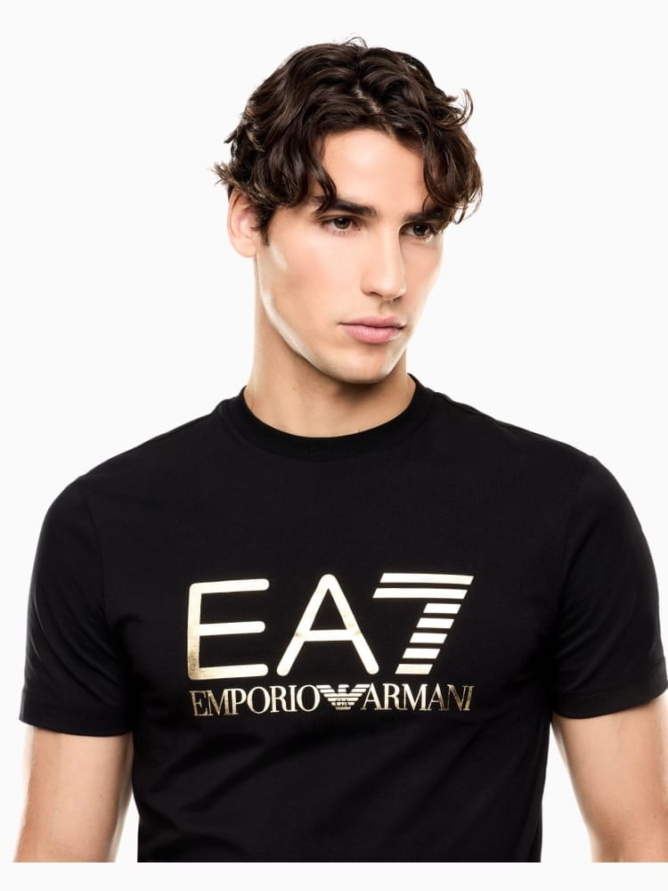 Emporio Armani t-shirt core identity in jersey di cotone nero con logo frontale oro