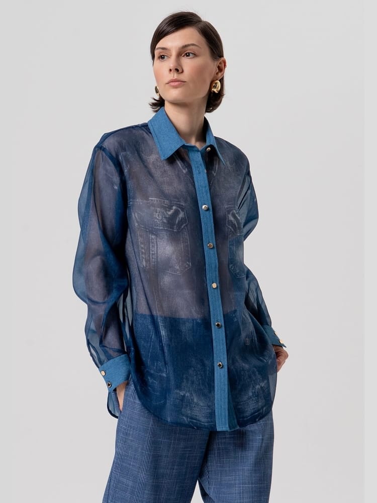 Fracomina camicia in organza blu stampata