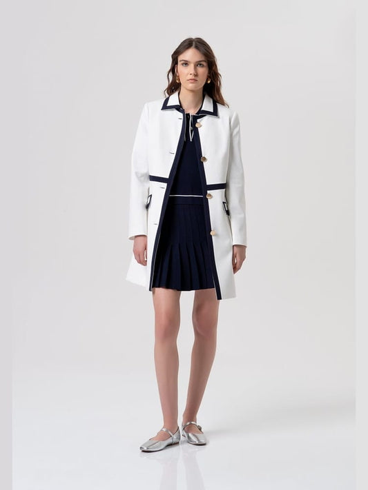 Fracomina cappottino midi bianco con perfili blu e bottoni oro