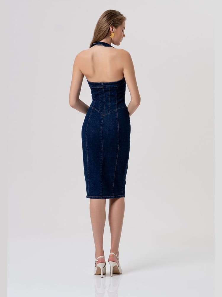 Fracomina abito slim midi in denim lavaggio raw blu scuro