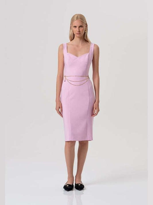 Fracomina abito a tubino midi rosa con accessorio gioiello