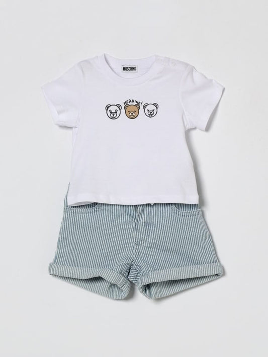 Moschino set infant t-shirt e short bianco e denim con logo Bambino