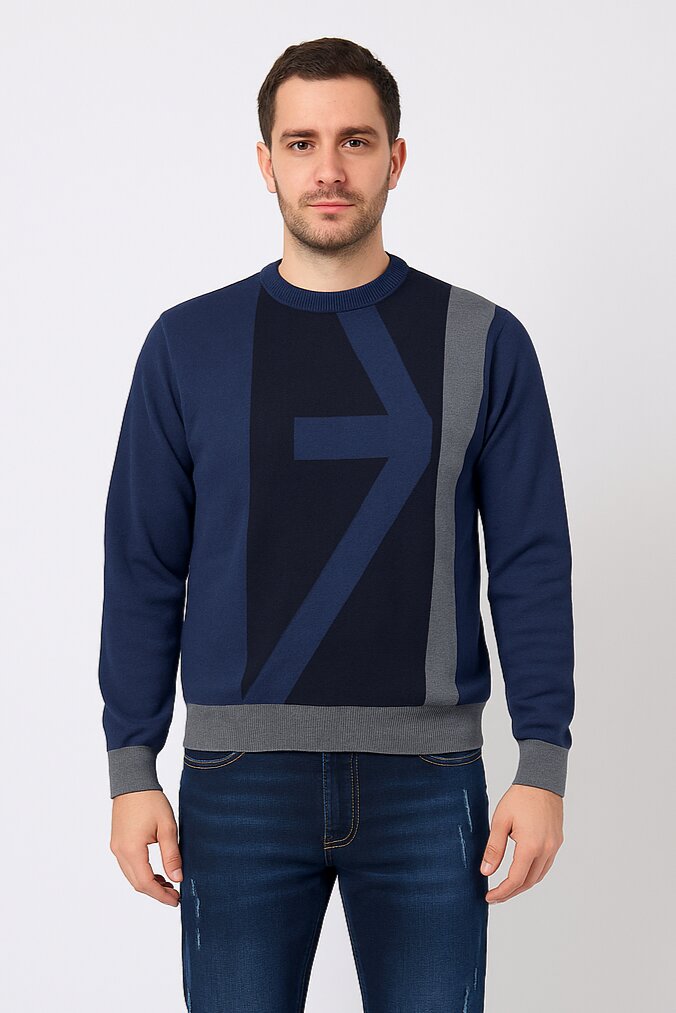 John Richmond Maglione Blu Uomo Colorblock In Lana e Cotone Girocollo Elegante