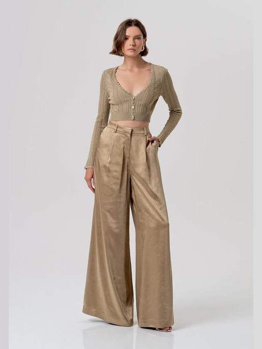 Fracomina pantalone flare a palazzo in raso beige