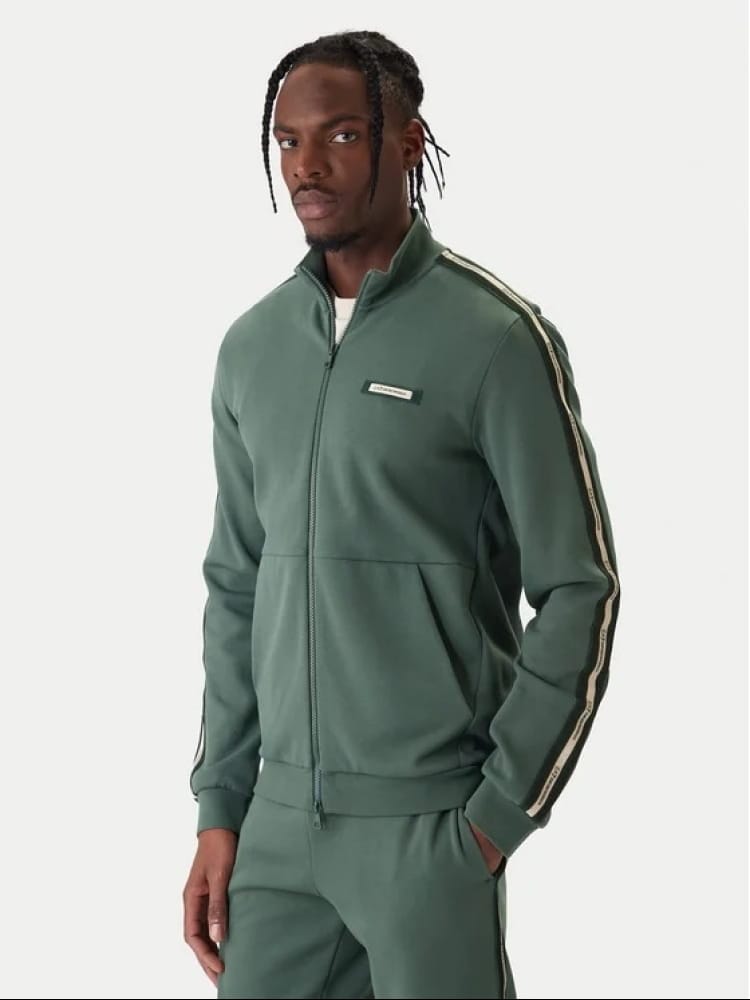 Emporio Armani felpa full zip uomo in cotone verde militare con banda logo Uomo