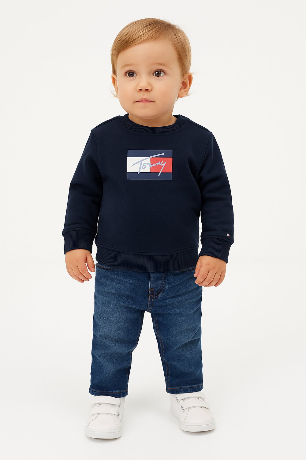 TOMMY HILFIGER – Felpa Neonato in Cotone con Logo Script Flag Ricamato