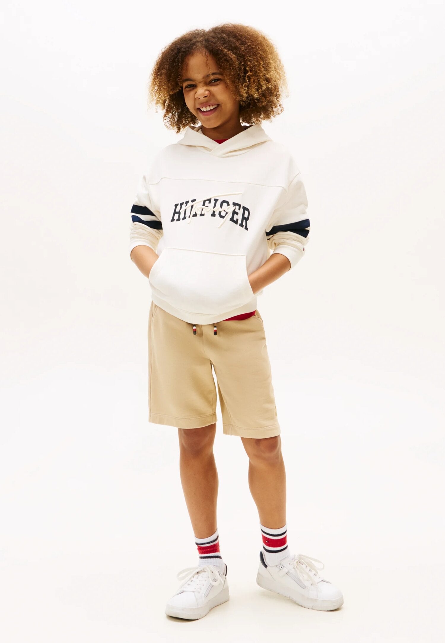TOMMY HILFIGER – Felpa con Cappuccio Bambino in Cotone con Logo Grafico e Bande