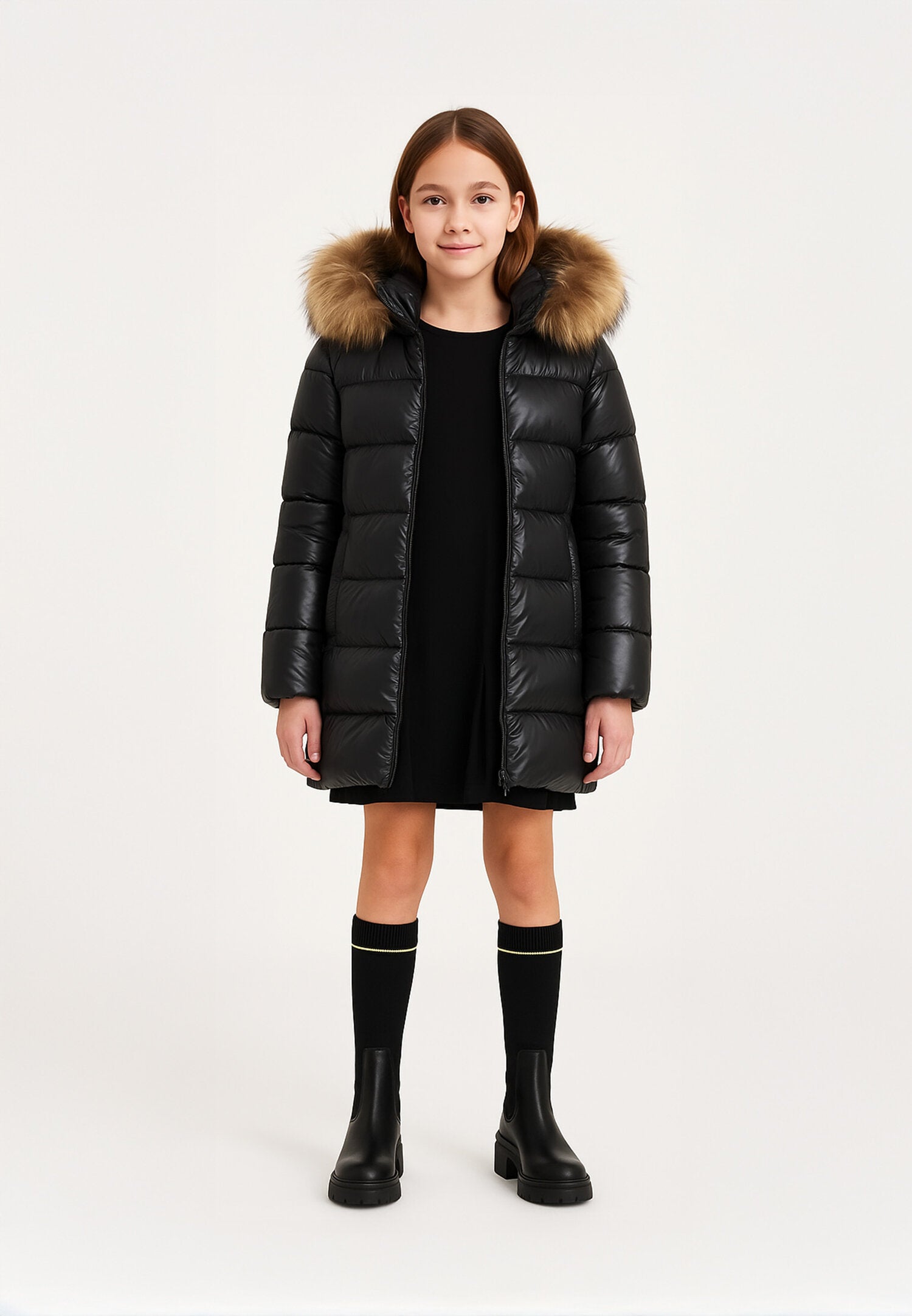 Canadiens Piumino Nero Bambina In Nylon Con Pelliccia Stile Elegante AI25