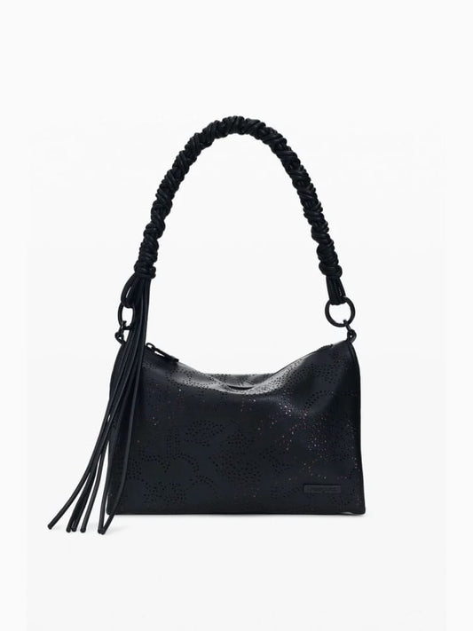 Desigual borsa a spalla con tracolla paladio dortmund in ecopelle nera traforata