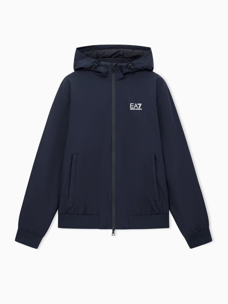 Emporio Armani bomber con cappuccio core identity in tessuto tecnico blu