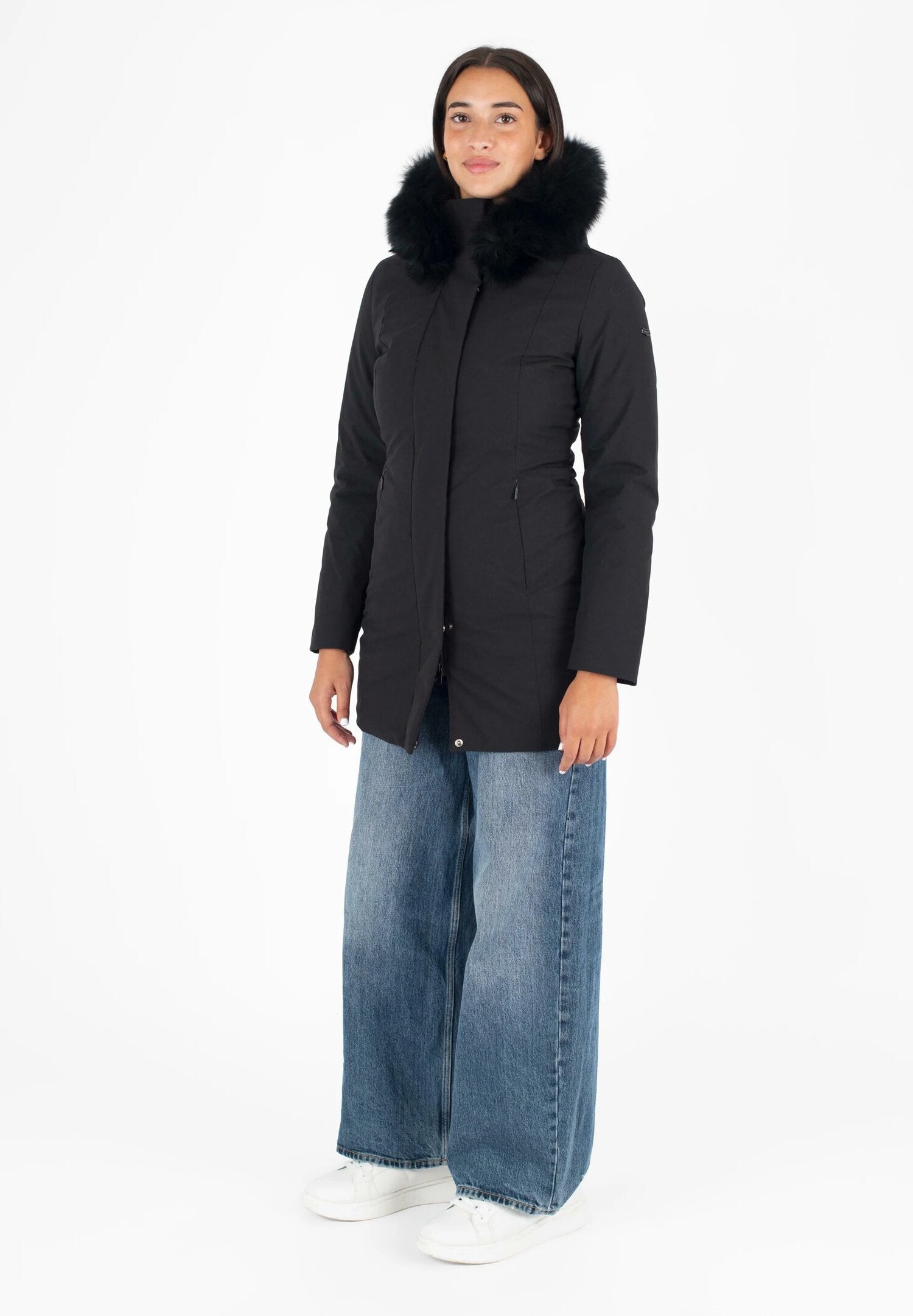 Refrigiwear cappotto donna nero invernale slim con cappuccio e pelliccia | CammarataMode