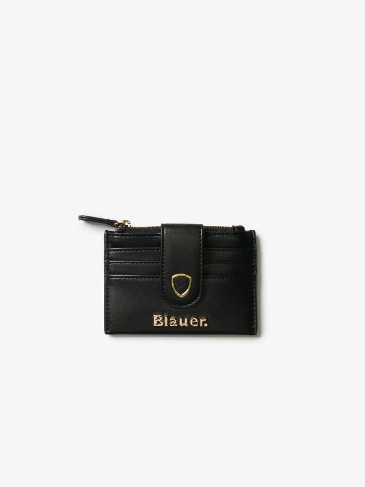 Blauer portafoglio nero donna logo sul davanti Misure 8 x 12 cm