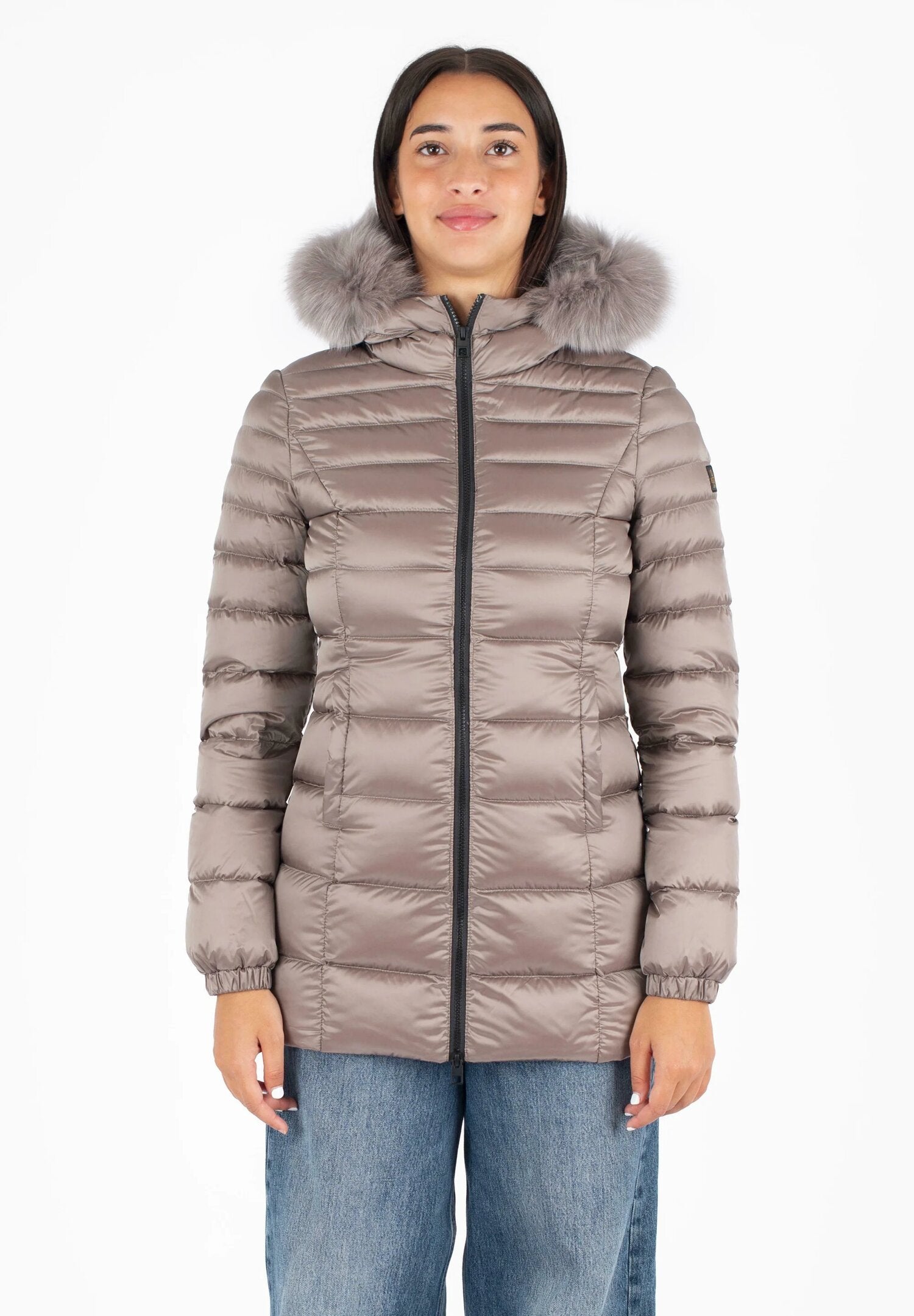 Refrigiwear piumino donna tortora lungo con cappuccio imbottito | CammarataMode