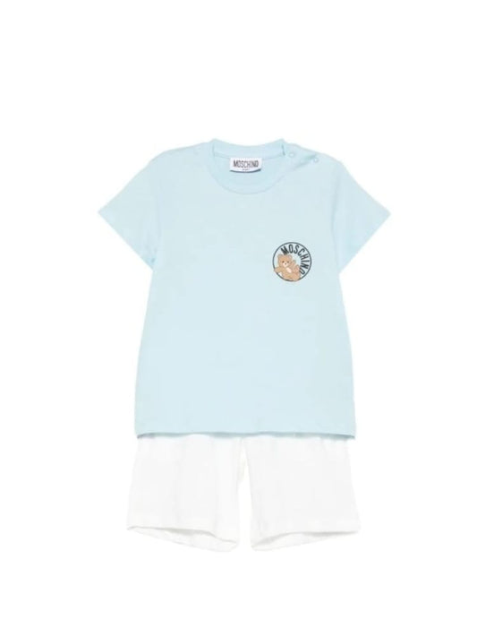 Moschino set infant t-shirt e short in cotone celeste e bianco con logo teddy Bambino