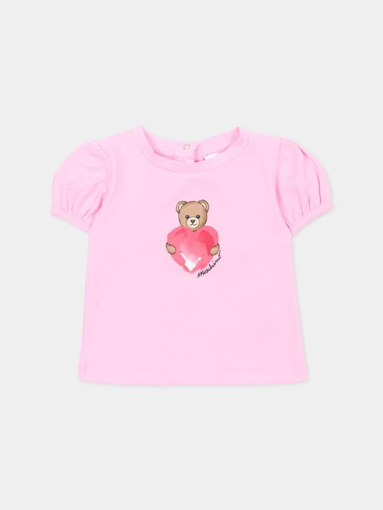 Moschino t-shirt infant in cotone rosa con logo cuore teddy Bambina
