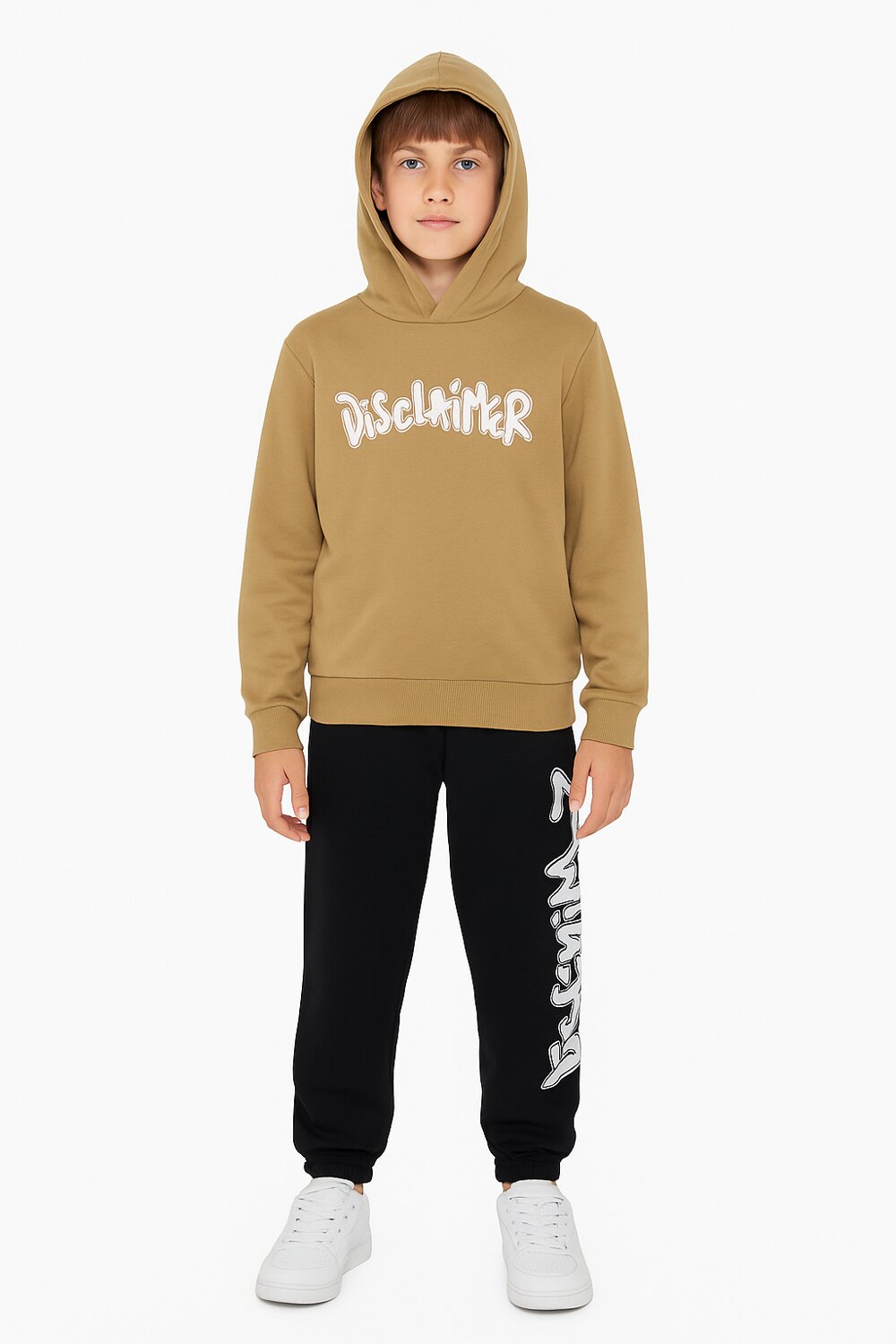 Disclaimer felpa con cappuccio bambino marrone cotone inverno logo bianco