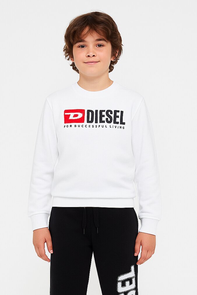 Diesel felpa bambino ragazzo bianca girocollo cotone logo rosso