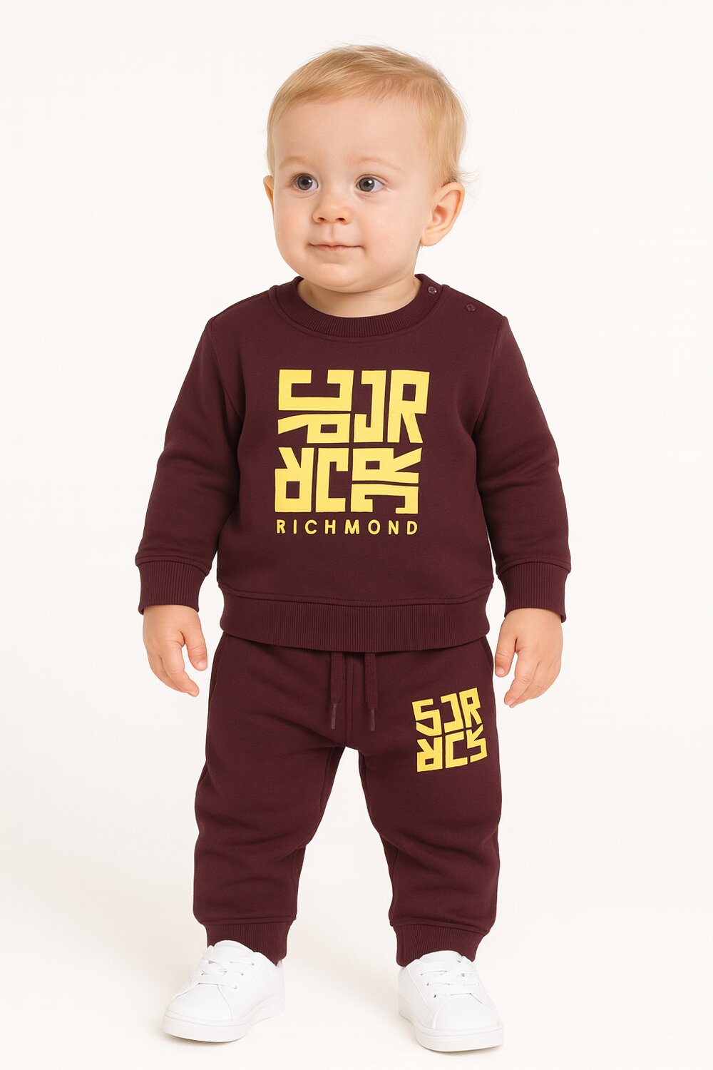 John Richmond completo neonato bordeaux con stampa gialla in cotone