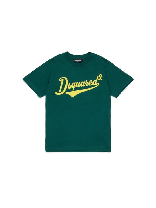 Dsquared t-shirt kids/junior in cotone verde girocollo con logo stampato in corsivo Bambino