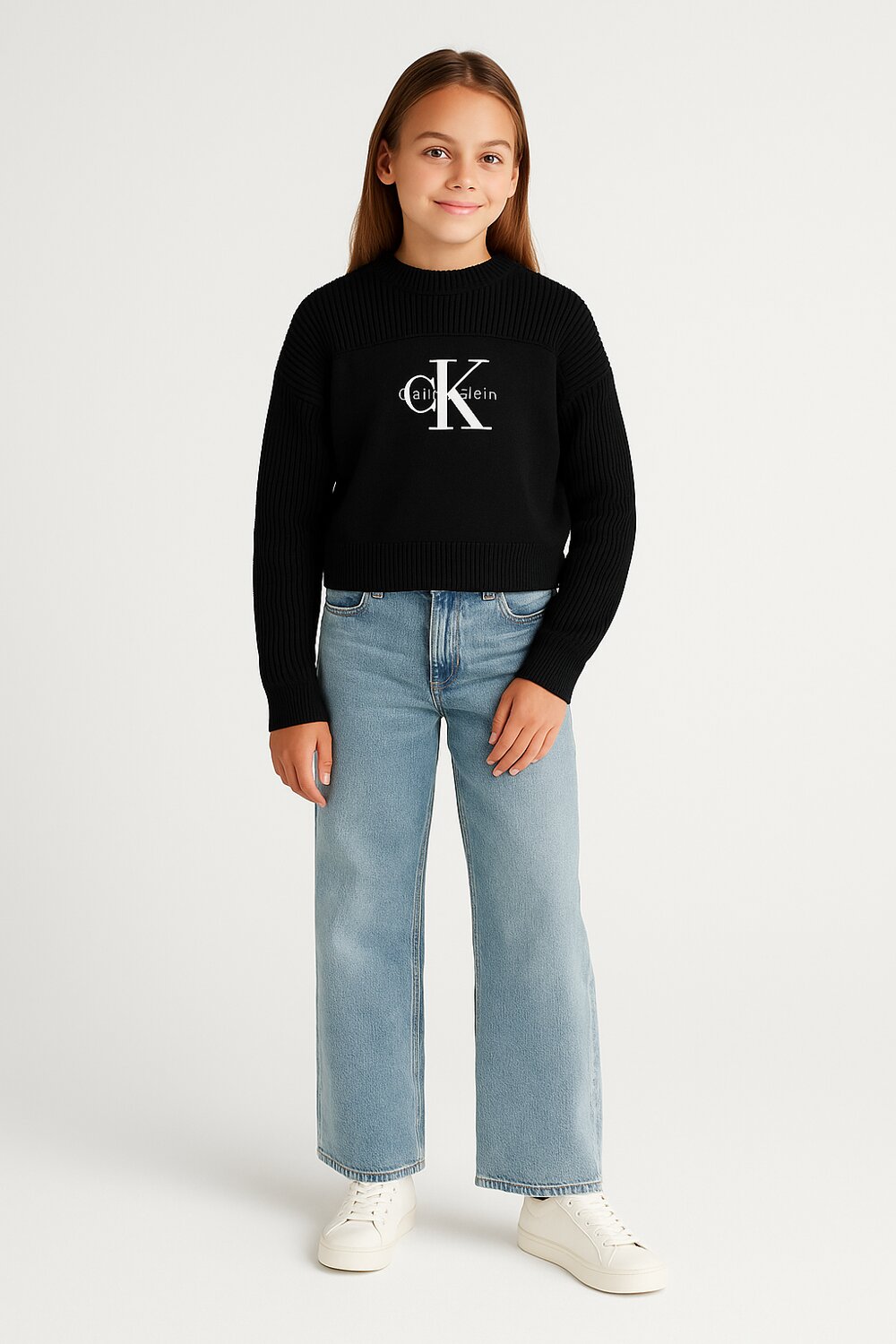 Calvin Klein Maglione Nero Bambina In Cotone Girocollo Sportivo AI25