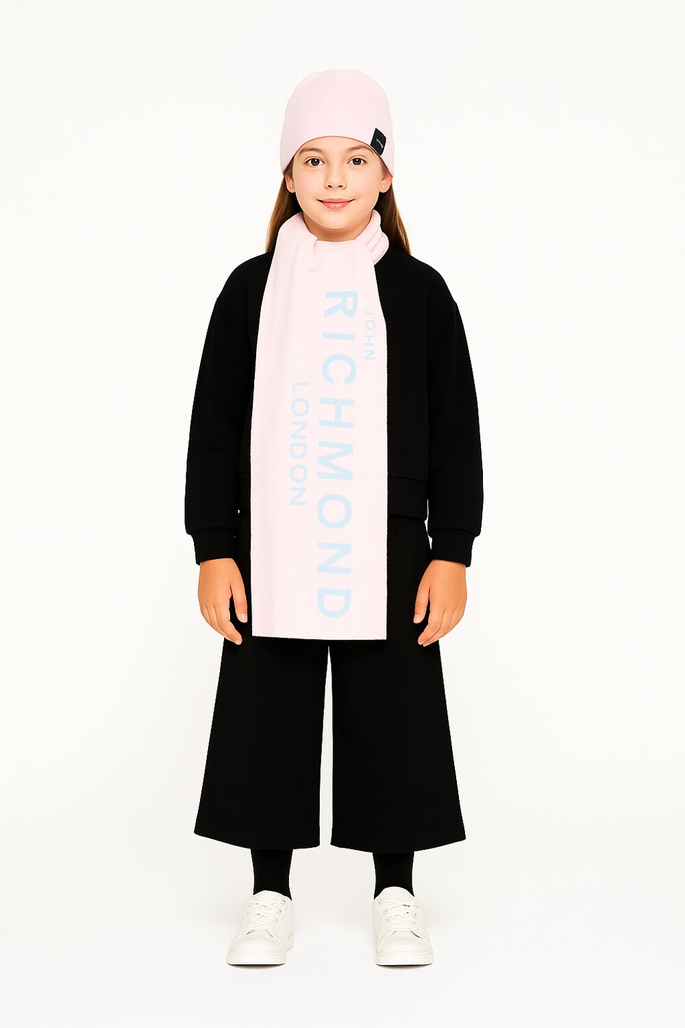 John Richmond Set Sciarpa e Cappello Bambina – Rosa Chiaro con Logo Azzurro
