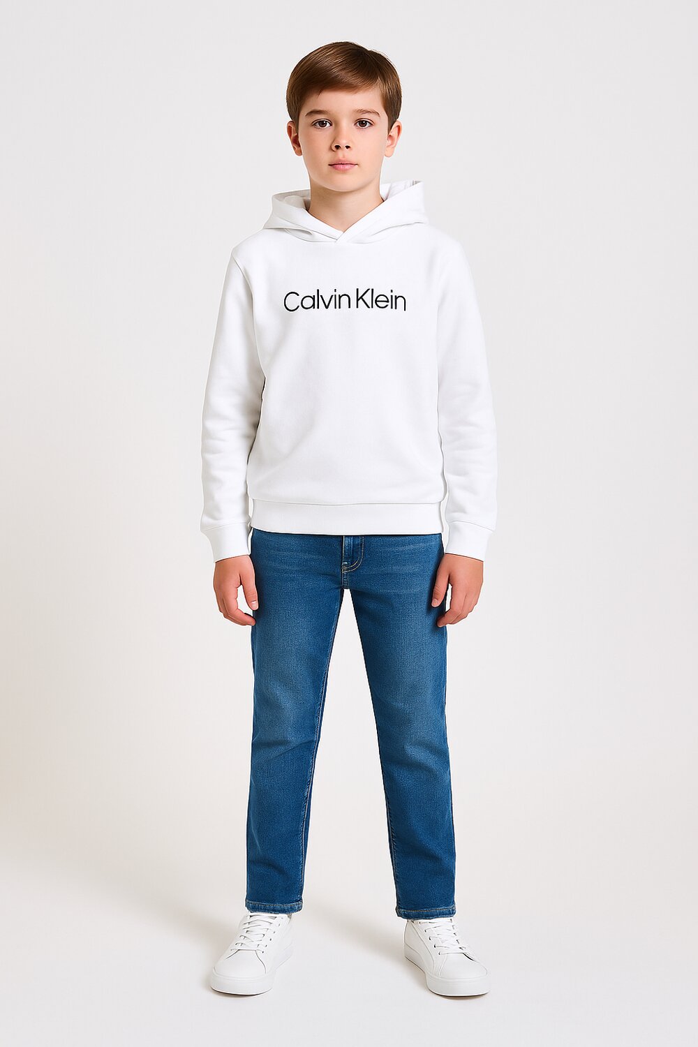 Calvin Klein Felpa Bianco Bambino In Cotone Con Cappuccio Sportivo AI25