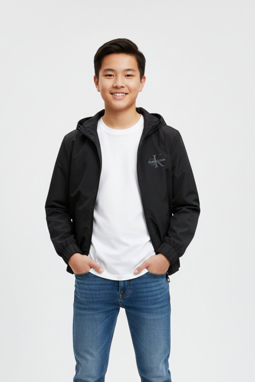 Calvin Klein Giacca a Vento Nera Bambino Con Cappuccio Mezza Stagione PE26