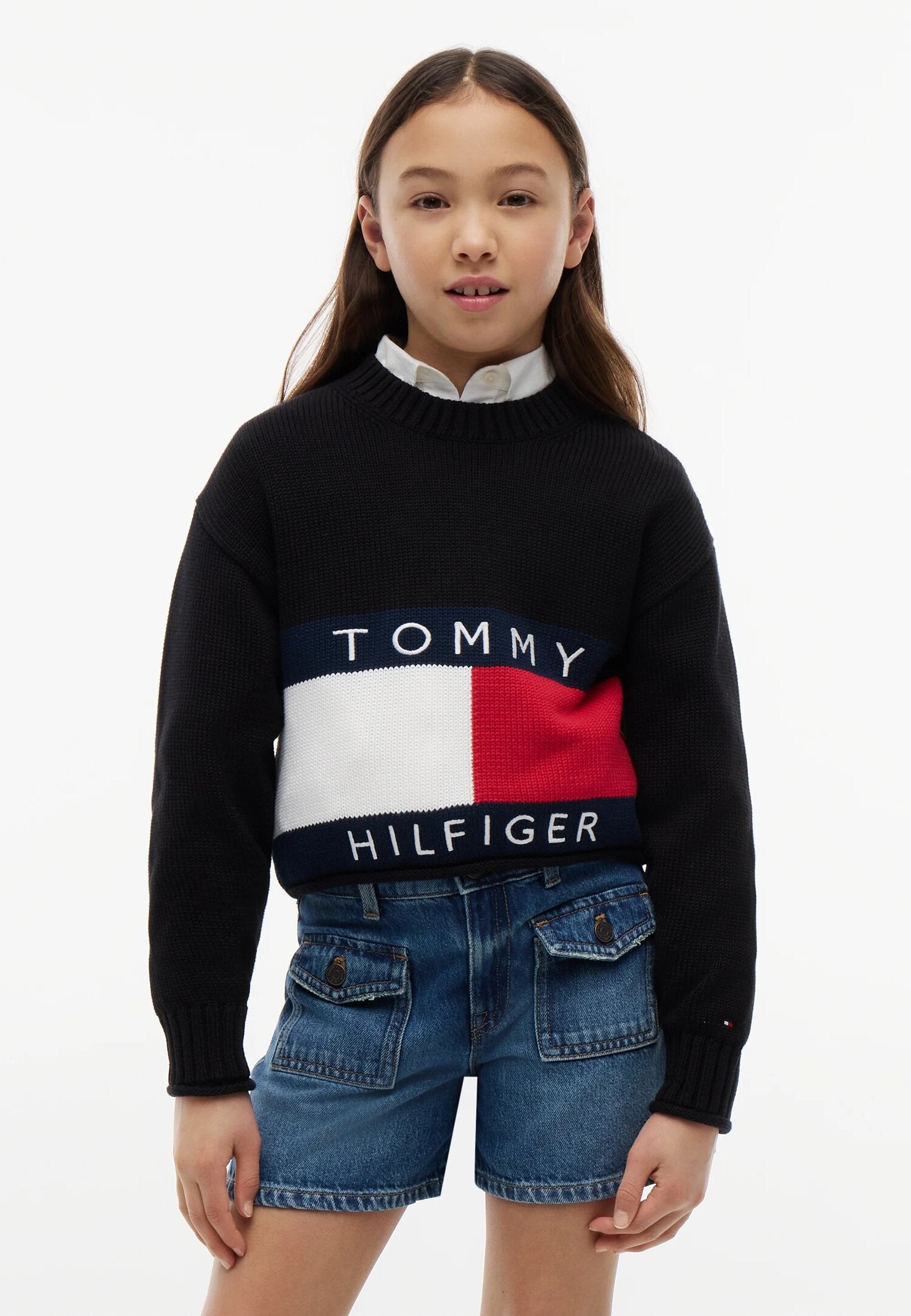 Tommy Hilfiger Maglione Crop Nero Con Logo Grande Bambina KG0KG08922BDS_