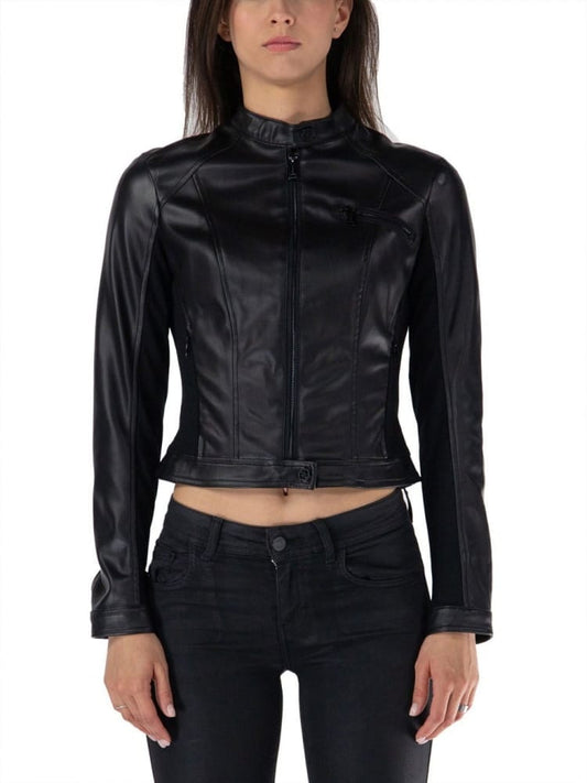 Guess giubbotto nero donna in ecopelle chiusura zip bottoni con logo