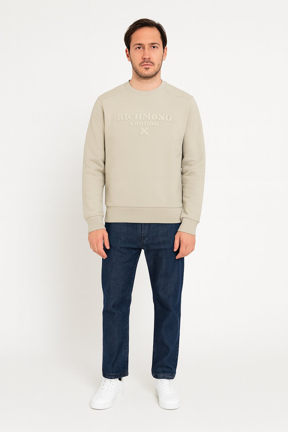 John Richmond felpa uomo girocollo beige cotone logo tono su tono