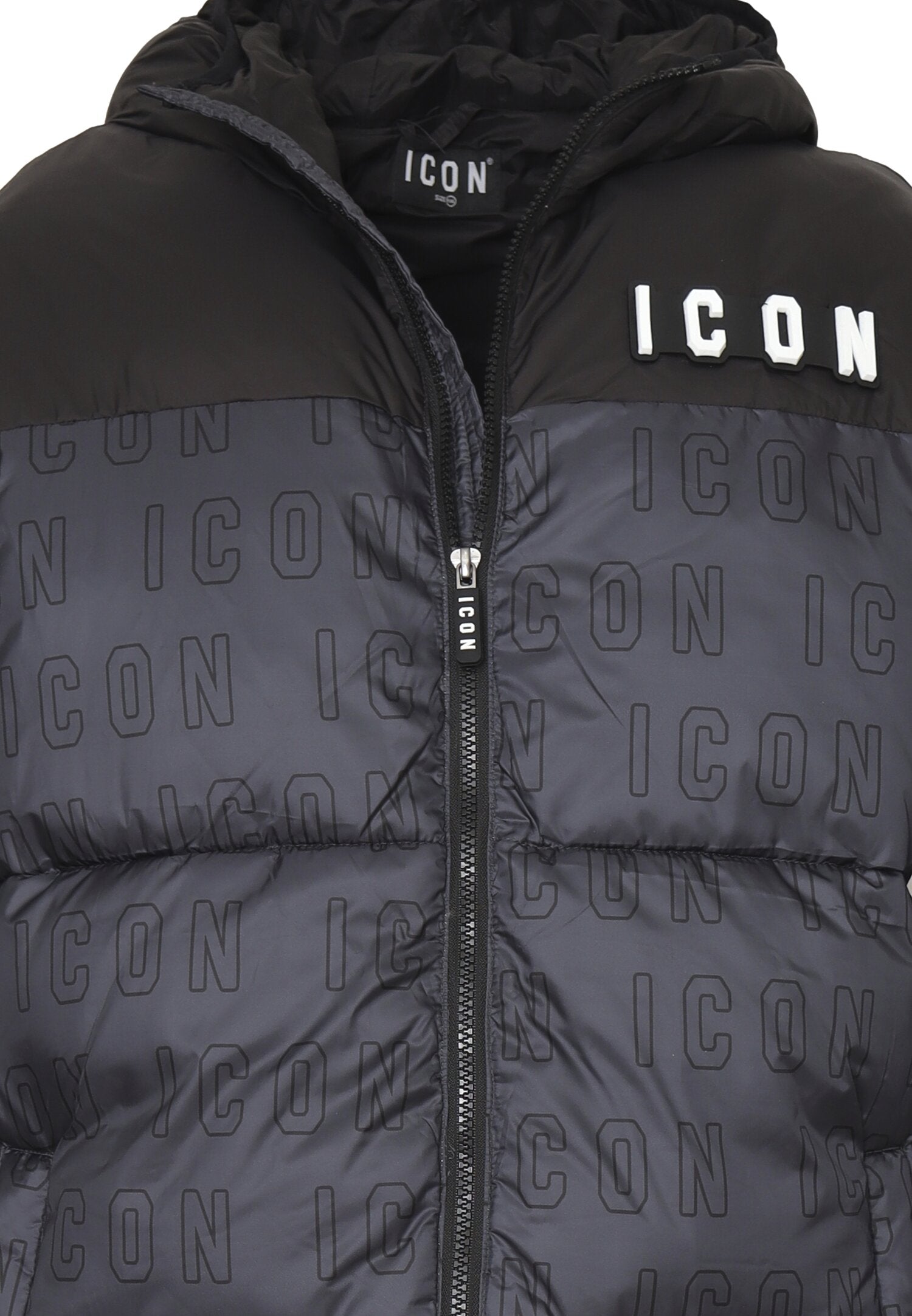 Icon Giubbotto Nero Bambino multo logo In Nylon Con Cappuccio Sportivo AI25
