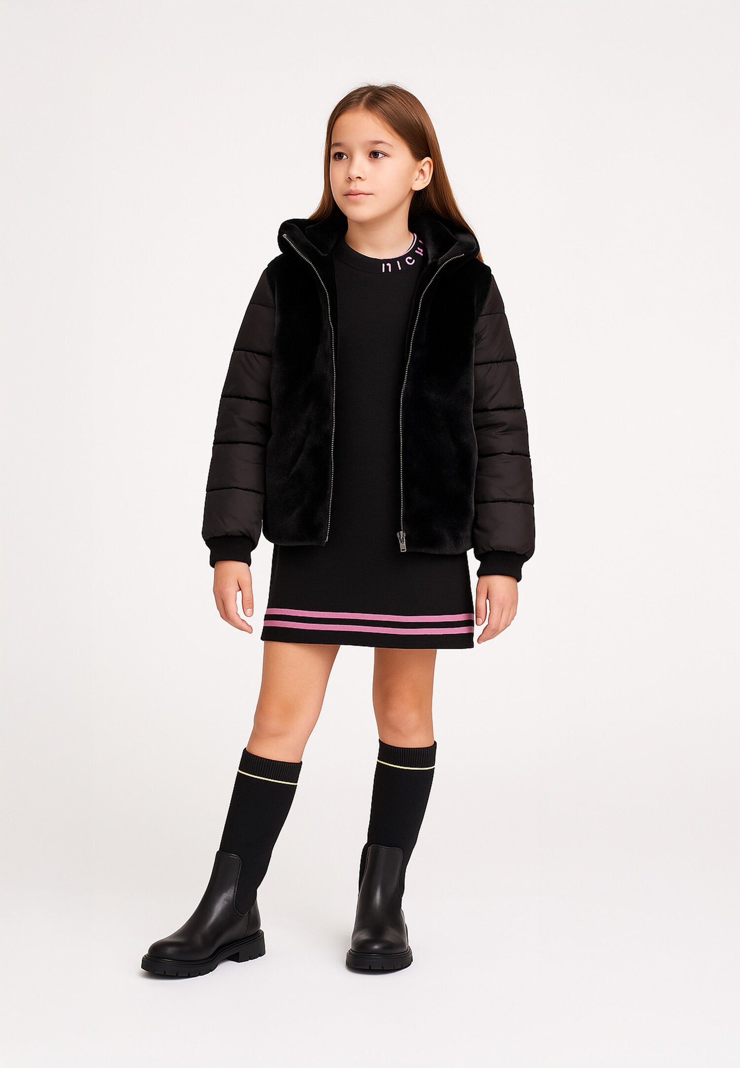 Bomboogie Giubotto Nero Bambina In Nylon Con Pelliccia Uso Elegante AI25