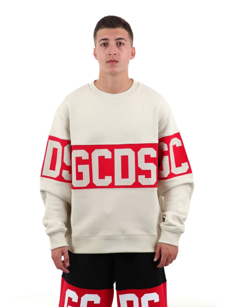 Gcds felpa beige uomo in cotone girocollo logo rosso sul davanti