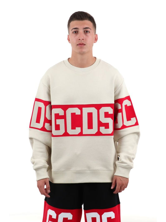 Gcds felpa beige uomo in cotone girocollo logo rosso sul davanti