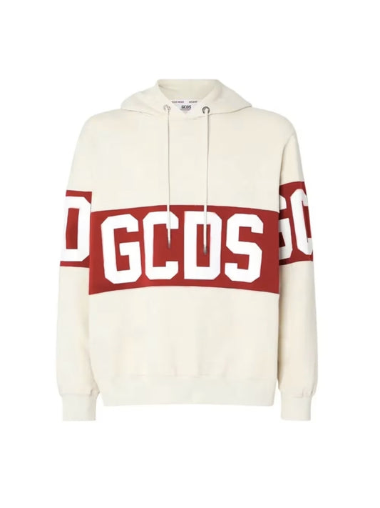Gcds felpa beige uomo unisex in cotone con cappuccio maxi logo a contrasto
