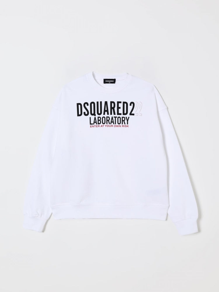 Dsquared2 felpa bianca bambino in cotone girocollo stampa logo davanti e sul retro retro
