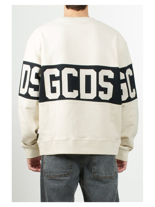Gcds felpa bianca uomo unisex in cotone girocollo logo a contrasto