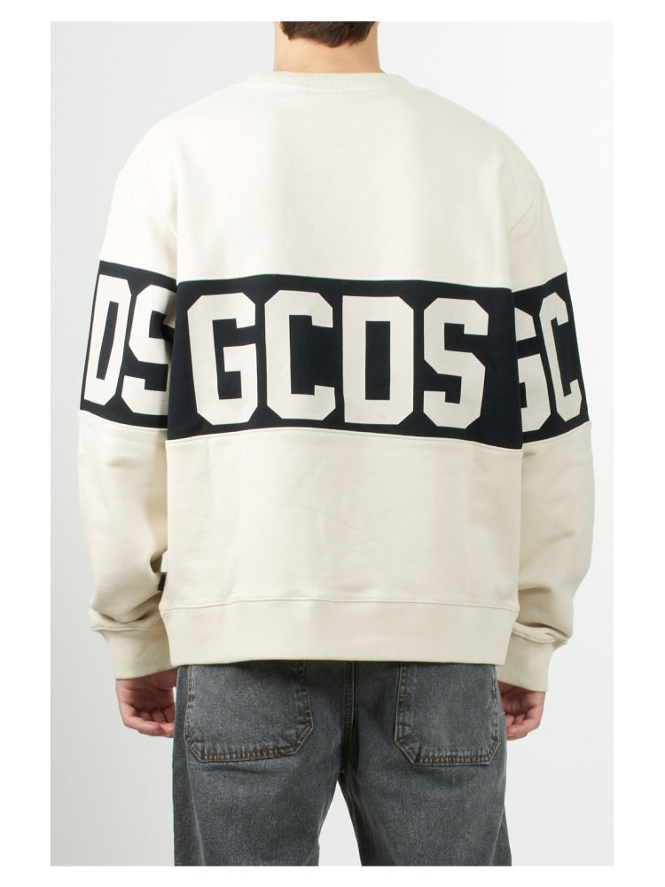 Gcds felpa bianca uomo unisex in cotone girocollo logo a contrasto