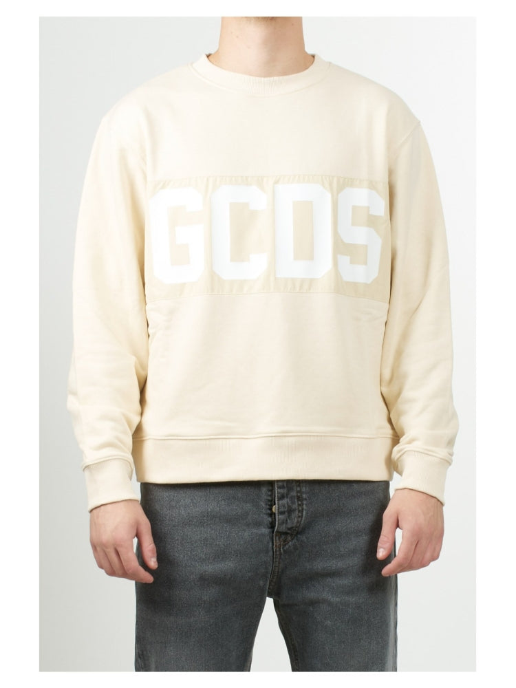Gcds felpa crema uomo in cotone girocollo logo sul davanti dettaglio logo