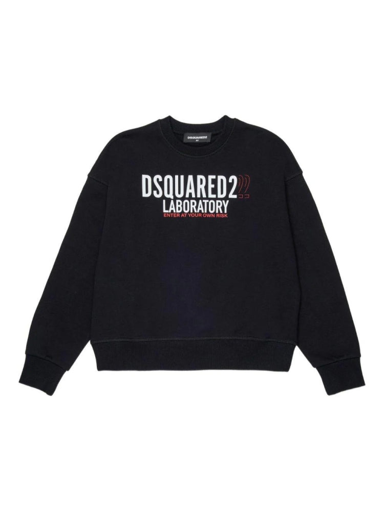 Dsquared2 felpa nera bambino in cotone girocollo logo sul davanti e sul retro retro