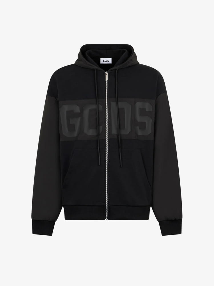 Gcds felpa nera uomo chiusura zip con cappuccio maxi logo sul davanti