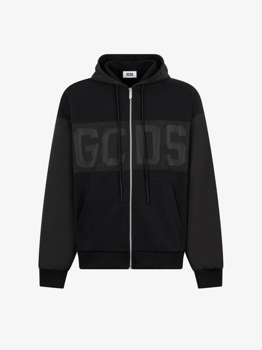 Gcds felpa nera uomo chiusura zip con cappuccio maxi logo sul davanti