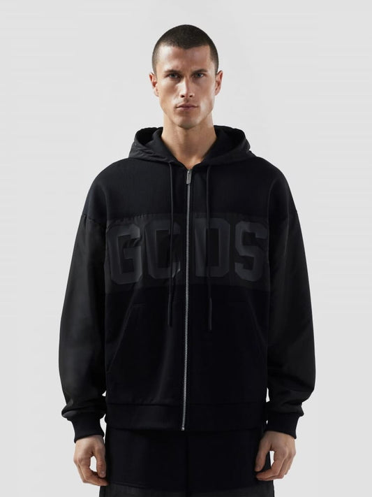Gcds felpa nera uomo chiusura zip con cappuccio maxi logo sul davanti
