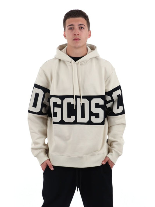 Gcds felpa panna uomo in cotone con cappuccio logo a contrasto