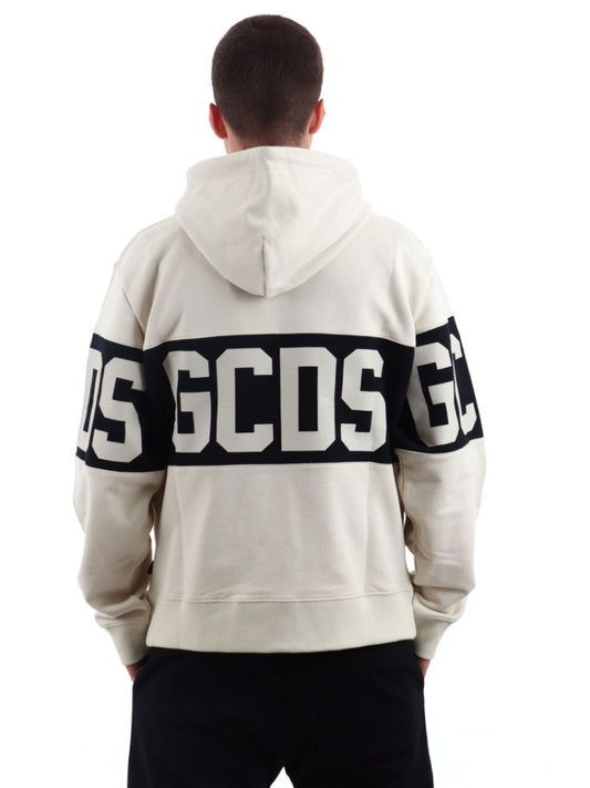 Gcds felpa panna uomo in cotone con cappuccio logo a contrasto