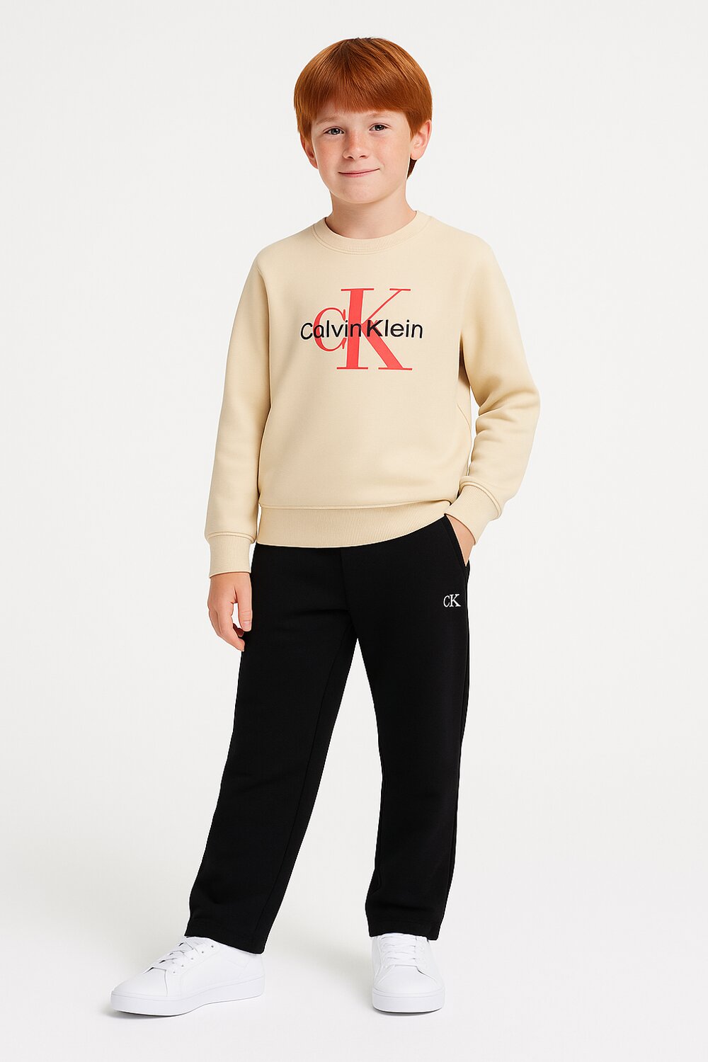 Calvin Klein Jeans bambino felpa panna con logo monogram rosso | CammarataMode