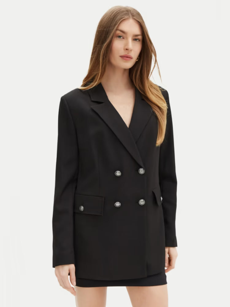 Guess giacca nera donna in misto cotone doppio petto con bottoni logati