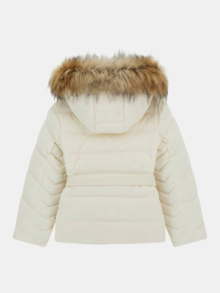 Guess giubbotto bianco bambina corto cappuccio con pelliccia cintura con logo dettaglio logo