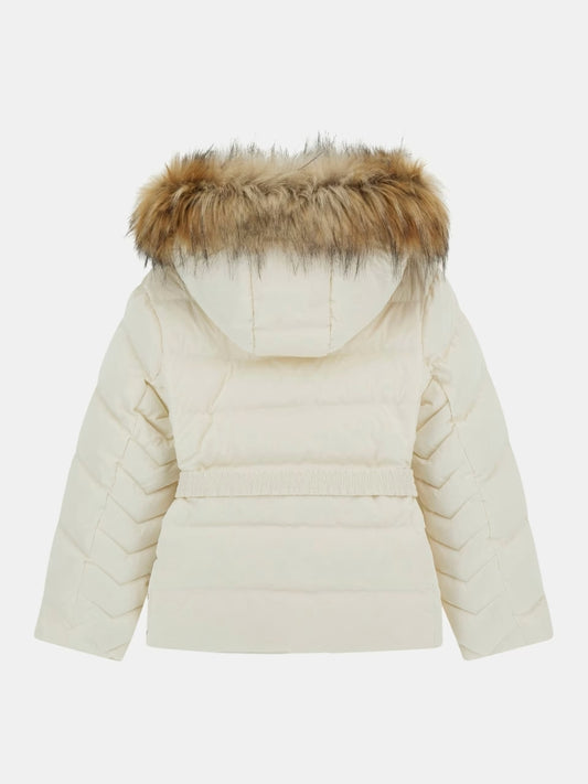 Guess giubbotto bianco bambina corto cappuccio con pelliccia cintura con logo