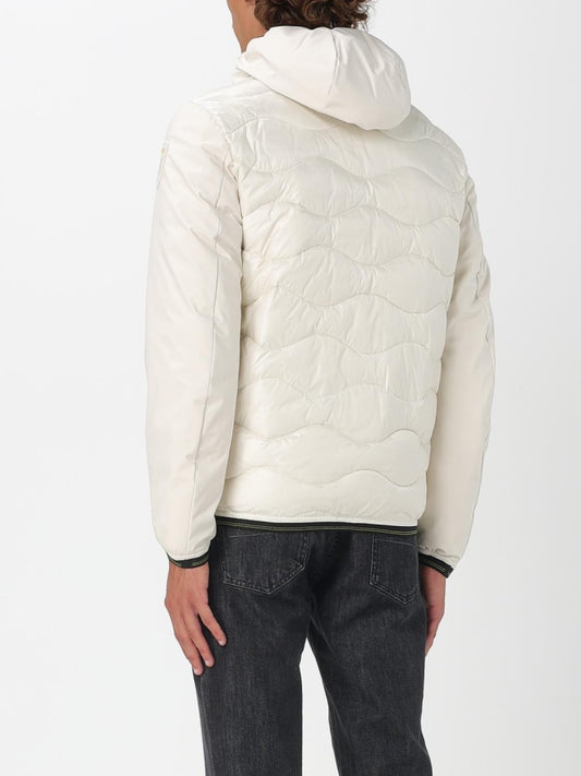 Blauer giubbotto bianco uomo con cappuccio patch logo sul braccio